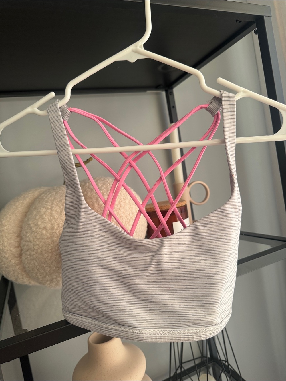 111. 🌸LULULEMON Light Gray Striped Bralette with Pink Strappy Back